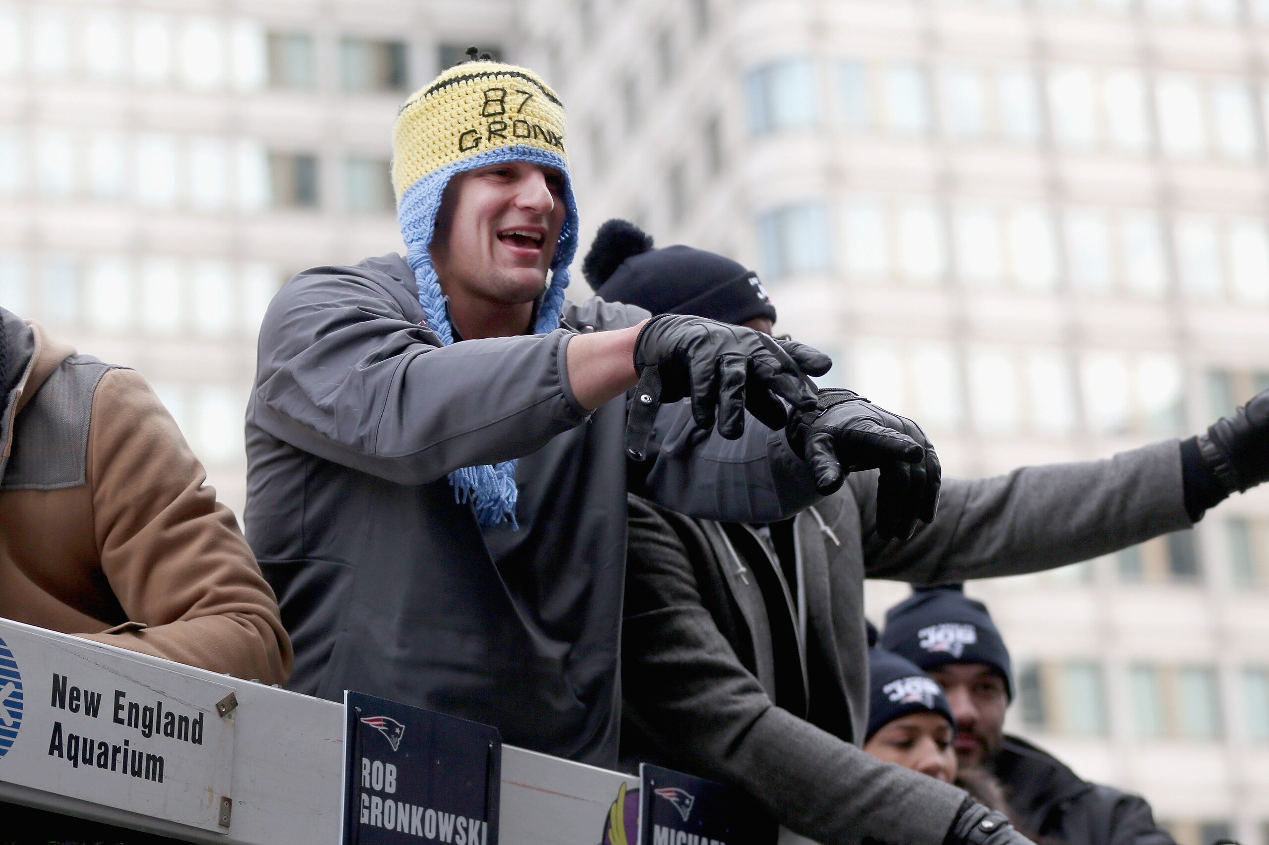 BOSTON, MA - FEBRUARY 04:  Tight end Rob Gronkowski of the New England Patriots waves to fans during a Super Bowl victory parade on February 4, 2015 in Boston, Massachusetts. The Patriots defeated the Seattle Seahawks 28-24 in Super Bowl XLIX. (Photo by Billie Weiss/Getty Images)