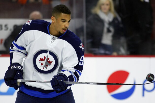 The Winnipeg Jets' Evander Kane  during warm-up prior to an NFL hockey game against the Philadelphia Flyers, Thursday, Jan 29, 2015., in Philadelphia. (AP Photo/Tom Mihalek)
