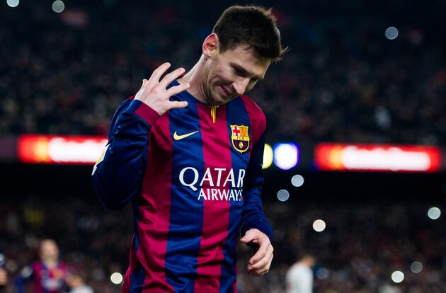 BARCELONA, SPAIN - JANUARY 21:  Lionel Messi celebrates after scoring his team's first goal during the Copa del Rey Quarter-Final First Leg match between FC Barcelona and Club Atletico de Madrid at Camp Nou on January 21, 2015 in Barcelona, Spain. (Photo by Alex Caparros/Getty Images)