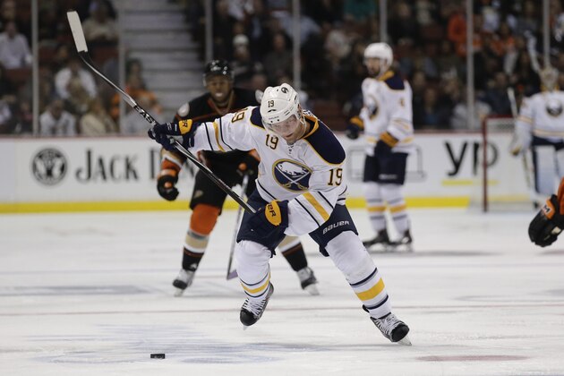 Buffalo Sabres center Cody Hodgson skates against the Anaheim Ducks during the first period of an NHL hockey game in Anaheim, Calif., Wednesday, Oct. 22, 2014. (AP Photo/Chris Carlson)