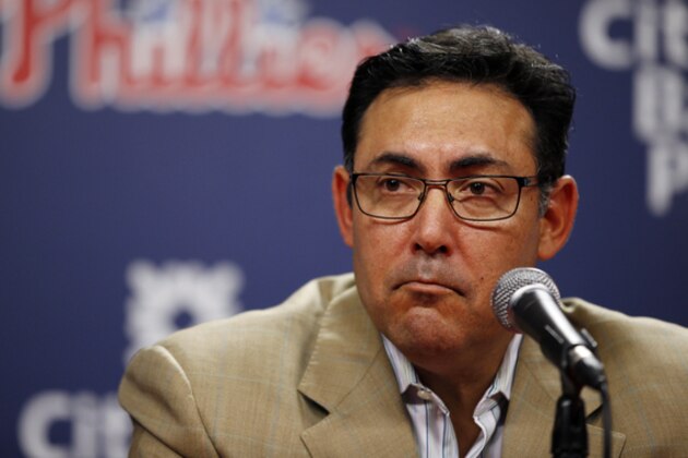 Philadelphia Phillies general manager Ruben Amaro Jr. pauses during a news conference before a baseball game against the San Diego Padres, Tuesday, June 10, 2014, in Philadelphia. (AP Photo/Matt Slocum)