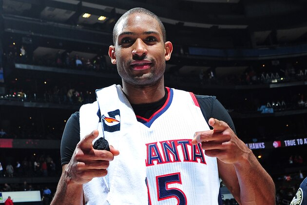 ATLANTA, GA - JANUARY 31: Al Horford #15 of the Atlanta Hawks celebrates after the game against the Philadelphia 76ers on January 31, 2015 at Philips Arena in Atlanta, Georgia.  NOTE TO USER: User expressly acknowledges and agrees that, by downloading and/or using this Photograph, user is consenting to the terms and conditions of the Getty Images License Agreement. Mandatory Copyright Notice: Copyright 2015 NBAE (Photo by Scott Cunningham/NBAE via Getty Images)
