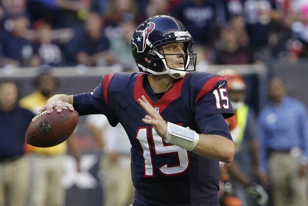 Houston Texans' Ryan Mallett (15) looks to throw against the Cincinnati Bengals during the fourth quarter of an NFL football game, Sunday, Nov. 23, 2014, in Houston. (AP Photo/David J. Phillip)