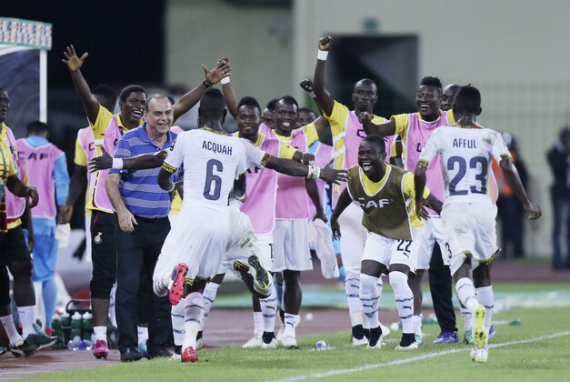 Ghana soccer players celebrates after Mubarak Wakaso, scored a goal against  Equatorial Guinea, during their African Cup of Nations Semifinals soccer match at Estadio De Malabo, Equatorial Guinea, Thursday Feb. 5, 2015. (AP Photo/Sunday Alamba)