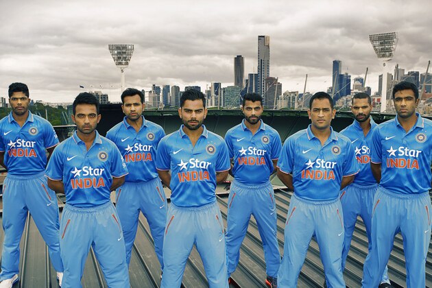 MELBOURNE, AUSTRALIA - JANUARY 15:  In this handout photo provided by SDP Media, members of the Indian cricket team Umesh Yadav, Rohit Sharma, R.Jadeja, Shikhar Dhawan, Ajinkya Rahane, Virat Kohli, MS Dhoni, R.Ashwin are seen during the unveiling of the Indian team One Day International kit at Melbourne Cricket Ground on January 15, 2015 in Melbourne, Australia.  (Photo by SDP Media via Getty Images)