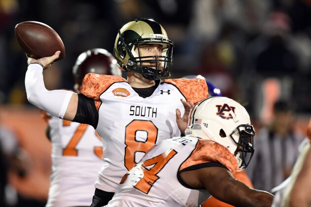 Jan 24, 2015; Mobile, AL, USA; South squad quarterback Garrett Grayson of Colorado State (8) drops back to pass against the North squad during the fourth quarter of the Senior Bowl at Ladd-Peebles Stadium. The North squad defeated the South squad 34-13. Mandatory Credit: John David Mercer-USA TODAY Sports
