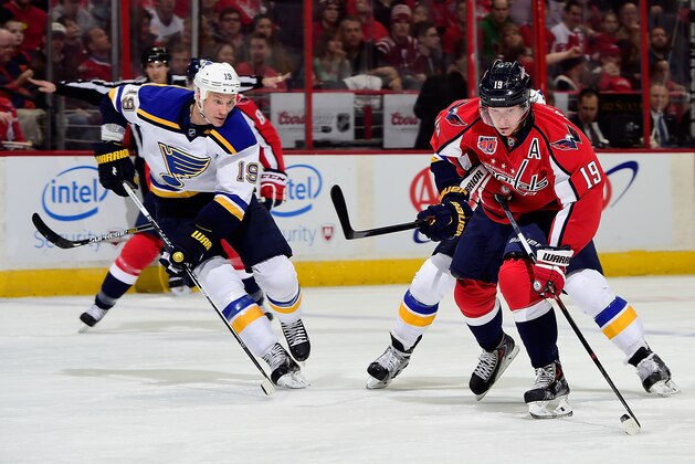 WASHINGTON, DC - FEBRUARY 01:  Nicklas Backstrom #19 of the Washington Capitals brings the puck up ice in the second period during an NHL game against the St. Louis Blues at Verizon Center on February 1, 2015 in Washington, DC.  (Photo by Patrick McDermott/NHLI via Getty Images)