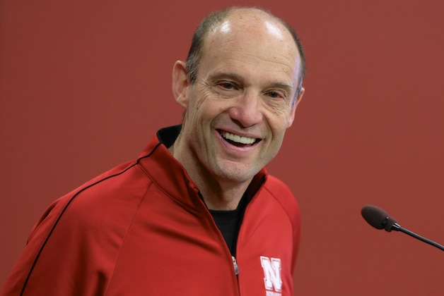 Nebraska head coach Mike Riley laughs during a news conference in Lincoln, Neb., Wednesday, Feb. 4, 2015, as he unveils his first NCAA college football recruiting class on national signing day. (AP Photo/Nati Harnik)
