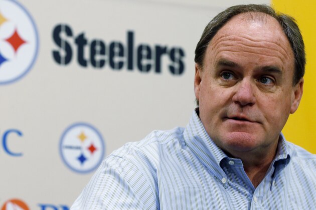 Pittsburgh Steelers general manager Kevin Colbert answers questions about the upcoming NFL draft during a news conference at the football team headquarters in Pittsburgh, on Monday, May 5, 2014. (AP Photo/Keith Srakocic)