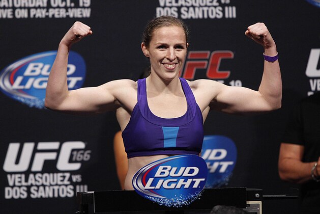 Oct 18, 2013; Houston, TX, USA; Sarah Kaufman during the weigh-in for UFC 166 at Toyota Center. Mandatory Credit: Andrew Richardson-USA TODAY Sports