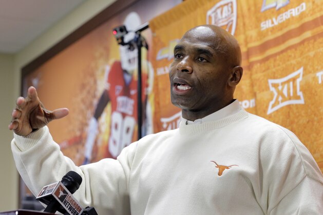 Texas head football coach Charlie Strong talks to the media about his 2015 recruiting class on national signing day, Wednesday, Feb. 4, 2015, in Austin, Texas. (AP Photo/Eric Gay)