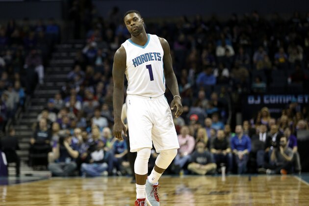 Charlotte Hornets guard Lance Stephenson on the court as the Hornets play the New York Knicks  in an NBA basketball game Saturday, Jan. 24, 2015 in Charlotte, N.C. (AP Photo/Nell Redmond)