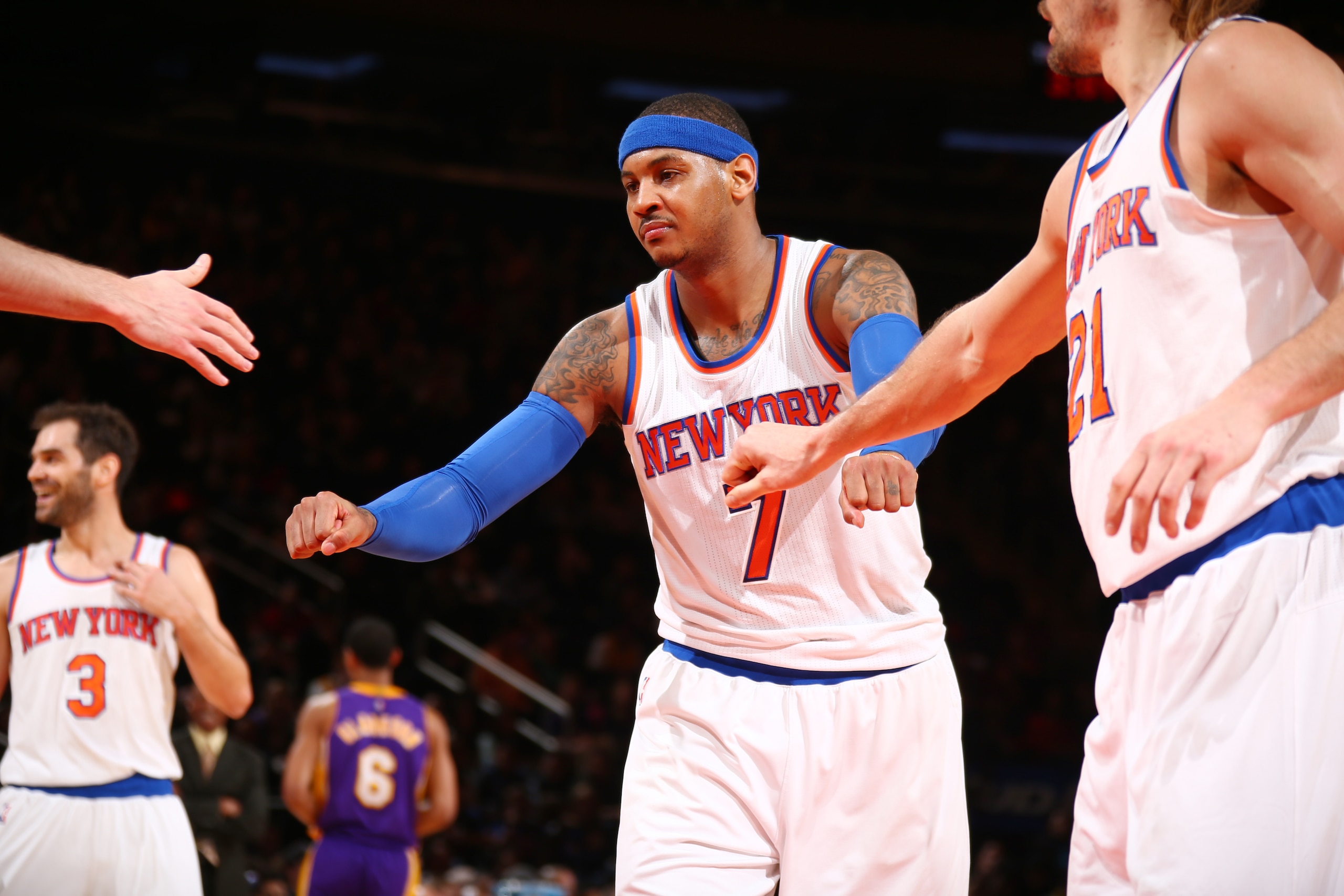 NEW YORK, NY - FEBRUARY 2: Carmelo Anthony #7 of the New York Knicks fist taps his teammates during a free throw shot against the Los Angeles Lakers February 2, 2015 at Madison Square Garden in New York, New York . NOTE TO USER: User expressly acknowledges and agrees that, by downloading and or using this Photograph, user is consenting to the terms and conditions of the Getty Images License Agreement. Mandatory Copyright Notice: Copyright 2015 NBAE (Photo by Nathaniel S. Butler./NBAE via Getty Images) NEW YORK, NY - FEBRUARY 2: Carmelo Anthony #7 of the New York Knicks fist taps his teammates during a free throw shot against the Los Angeles Lakers February 2, 2015 at Madison Square Garden in New York, New York . NOTE TO USER: User expressly acknowledges and agrees that, by downloading and or using this Photograph, user is consenting to the terms and conditions of the Getty Images License Agreement. Mandatory Copyright Notice: Copyright 2015 NBAE (Photo by Nathaniel S. Butler./NBAE via Getty Images)