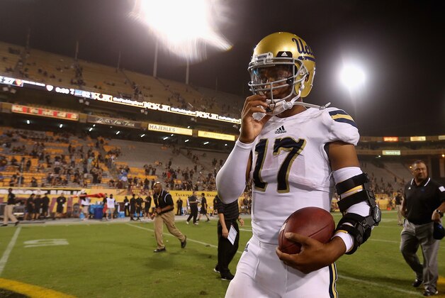 TEMPE, AZ - SEPTEMBER 25:  Quarterback Brett Hundley #17 of the UCLA Bruins following the college football game against the Arizona State Sun Devils at Sun Devil Stadium on September 25, 2014 in Tempe, Arizona. The Bruins defeated the Sun Devils 62-27.  (Photo by Christian Petersen/Getty Images)