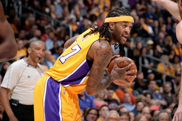 LOS ANGELES, CA - JANUARY 29: Jordan Hill #27 of the Los Angeles Lakers handles the ball against the Chicago Bulls at STAPLES Center on January 29, 2015 in Los Angeles, California. NOTE TO USER: User expressly acknowledges and agrees that, by downloading and/or using this Photograph, user is consenting to the terms and conditions of the Getty Images License Agreement. Mandatory Copyright Notice: Copyright 2015 NBAE (Photo by Andrew D. Bernstein/NBAE via Getty Images)
