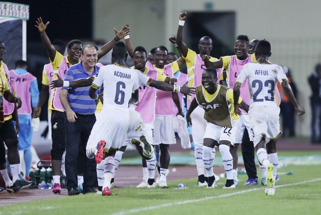 Ghana soccer players celebrates after Mubarak Wakaso, scored a goal against  Equatorial Guinea, during their African Cup of Nations Semifinals soccer match at Estadio De Malabo, Equatorial Guinea, Thursday Feb. 5, 2015. (AP Photo/Sunday Alamba)