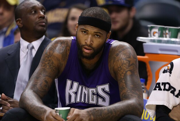 Jan 31, 2015; Indianapolis, IN, USA; Sacramento Kings center DeMarcus Cousins (15) sits on the bench after fouling out of the game against the Indiana Pacers at Bankers Life Fieldhouse. Sacramento defeated Indiana 99-94. Mandatory Credit: Brian Spurlock-USA TODAY Sports