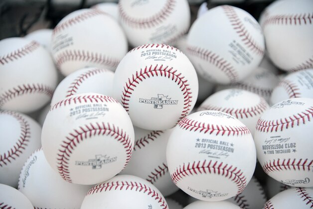 October 4, 2013; Oakland, CA, USA; Detail view of baseballs with the postseason logo before game one of the American League divisional series playoff baseball game between the Oakland Athletics and the Detroit Tigers at O.co Coliseum. The Tigers defeated Athletics 3-2. Mandatory Credit: Kyle Terada-USA TODAY Sports