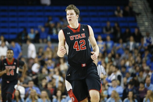 Utah's Jakob Poeltl celebrates agaisnt UCLA during the first half of an NCAA college basketball game Thursday, Jan. 29, 2015, in Los Angeles. The Bruins won 69-59. (AP Photo/Danny Moloshok)