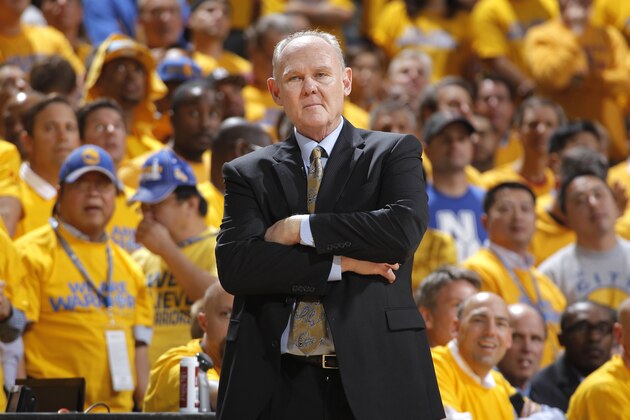 OAKLAND, CA - MAY 2: Head Coach George Karl of the Denver Nuggets in a game against the Golden State Warriors in Game Six of the Western Conference Quarterfinals during the 2013 NBA Playoffs on May 2, 2013 at Oracle Arena in Oakland, California. NOTE TO USER: User expressly acknowledges and agrees that, by downloading and or using this photograph, user is consenting to the terms and conditions of Getty Images License Agreement. Mandatory Copyright Notice: Copyright 2013 NBAE (Photo by Rocky Widner/NBAE via Getty Images)