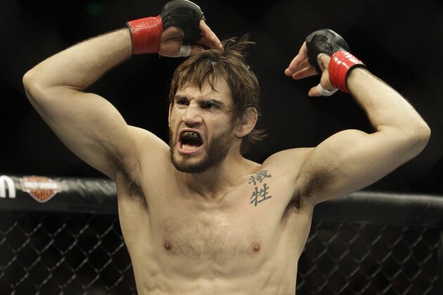 Jon Fitch reacts during a UFC mixed martial arts match against Thiago Alves in Oakland, California, Saturday, August 7, 2010. Fitch won by unanimous decision. (AP Photo/Jeff Chiu)
