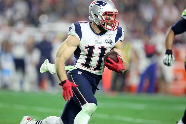 New England Patriots Julian Edelman #11 in action against the Seattle Seahawks during the Super Bowl on Sunday, February 1, 2015 in Glendale, AZ.  (AP Photo/Gregory Payan)