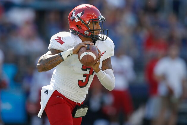 SEATTLE, WA - SEPTEMBER 06:  Quarterback Vernon Adams Jr. #3 of the Eastern Washington Eagles looks downfield to pass against the Washington Huskies on September 6, 2014 at Husky Stadium in Seattle, Washington.  (Photo by Otto Greule Jr/Getty Images)