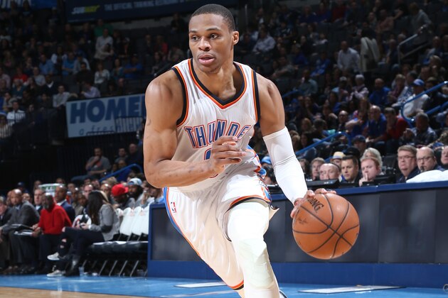 OKLAHOMA CITY, OK- FEBRUARY 6:  Russell Westbrook #0 of the Oklahoma City Thunder handles the ball against the New Orleans Pelicans during the game on February 6, 2015 at Chesapeake Energy Arena in Oklahoma City, Oklahoma. NOTE TO USER: User expressly acknowledges and agrees that, by downloading and or using this photograph, User is consenting to the terms and conditions of the Getty Images License Agreement. Mandatory Copyright Notice: Copyright 2015 NBAE (Photo by Layne Murdoch/NBAE via Getty Images)
