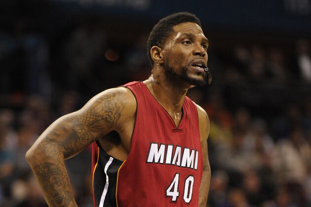 Jan 21, 2015; Charlotte, NC, USA; Miami Heat forward Udonis Haslem (40) during a foul shot in the first half of the game against the Charlotte Hornets at Time Warner Cable Arena. Mandatory Credit: Sam Sharpe-USA TODAY Sports Jan 21, 2015; Charlotte, NC, USA; Miami Heat forward Udonis Haslem (40) during a foul shot in the first half of the game against the Charlotte Hornets at Time Warner Cable Arena. Mandatory Credit: Sam Sharpe-USA TODAY Sports
