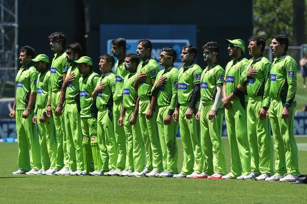 NAPIER, NEW ZEALAND - FEBRUARY 03:  Pakistan players line up for the national anthem uring the One Day International match between New Zealand and Pakistan at McLean Park on February 3, 2015 in Napier, New Zealand.  (Photo by Hagen Hopkins/Getty Images)