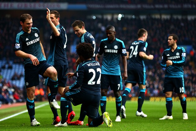 BIRMINGHAM, ENGLAND - FEBRUARY 07:  Branislav Ivanovic of Chelsea celebrates with team-mates after scoring his team's second goal during the Barclays Premier League match between Aston Villa and Chelsea at Villa Park on February 7, 2015 in Birmingham, England.  (Photo by Clive Mason/Getty Images)