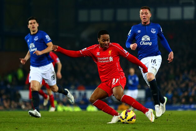 LIVERPOOL, ENGLAND - FEBRUARY 07:  Raheem Sterling of Liverpool shoots at goal during the Barclays Premier League match between Everton and Liverpool at Goodison Park on February 7, 2015 in Liverpool, England.  (Photo by Clive Brunskill/Getty Images)
