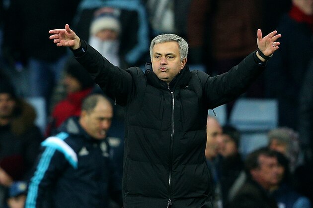 BIRMINGHAM, ENGLAND - FEBRUARY 07:  Jose Mourinho, manager of Chelsea celebrates victory after the Barclays Premier League match between Aston Villa and Chelsea at Villa Park on February 7, 2015 in Birmingham, England.  (Photo by Clive Mason/Getty Images)