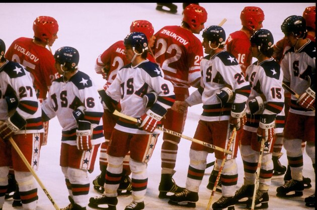 22 Feb 1980: General view of teams from the United States and the Soviet Union shaking hands after the semifinal hockey game during the Winter Olympics in Lake Placid, New York. The United States won the game 4-3. The game was dubbed The Miracle On Ice.