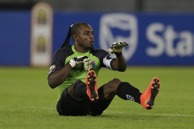 DR Congo's goalkeeper Robert Muteba Kidiaba, celebrates after winning their African Cup of Nations quarter final soccer match against Congo in Bata, Equatorial Guinea, Saturday, Jan. 31, 2015. (AP Photo/Themba Hadebe)