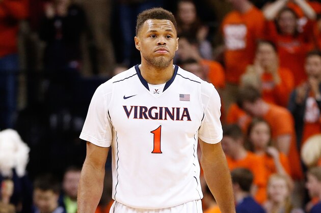 Jan 7, 2015; Charlottesville, VA, USA; Virginia Cavaliers guard Justin Anderson (1) walks on the court during the game against the North Carolina State Wolfpack at John Paul Jones Arena. Mandatory Credit: Amber Searls-USA TODAY Sports