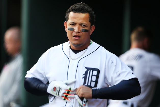 DETROIT, MI - OCTOBER 05:  Miguel Cabrera #24 of the Detroit Tigers reacts in the dugout after striking out in the sixth inning against the Baltimore Orioles during Game Three of the American League Division Series at Comerica Park on October 5, 2014 in Detroit, Michigan.  (Photo by Gregory Shamus/Getty Images)