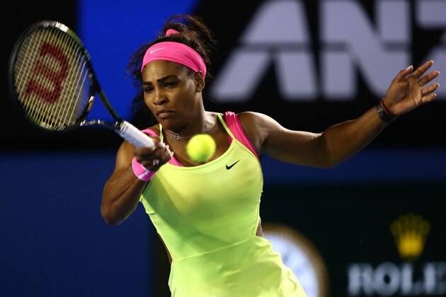 MELBOURNE, AUSTRALIA - JANUARY 31:  Serena Williams of the United States plays a forehand in her women's final match against Maria Sharapova of Russia during day 13 of the 2015 Australian Open at Melbourne Park on January 31, 2015 in Melbourne, Australia.  (Photo by Clive Brunskill/Getty Images)