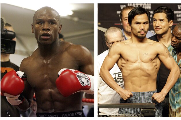 FILE - In this combination of file photos, U.S. boxer Floyd Mayweather Jr., left, prepares to spar at a gym in east London on May 22, 2009, and Manny Pacquiao, right, of the Philippines, weighs in for the junior welterweight boxing match against British boxer Ricky Hatton, May 1, 2009, in Las Vegas. The March 13 , 2010 megafight between Manny Pacquiao and Floyd Mayweather Jr. has been thrown into jeopardy. Mayweather's camp is demanding the fighters submit to Olympic-type drug testing in the weeks leading up to the bout. Leonard Ellerbe, Mayweather's manager, says the fight will not go on if Pacquiao doesn't agree to blood testing under standards followed by the United States Anti-Doping Agency. (AP Photos/Alastair Grant and Rick Bowmer, File)
