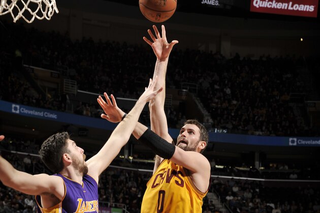 CLEVELAND, OH -  FEBRUARY 8: Kevin Love #0 of the Cleveland Cavaliers shoots against the Los Angeles Lakers during the game on February 8, 2015 at Quicken Loans Arena in Cleveland, Ohio. NOTE TO USER: User expressly acknowledges and agrees that, by downloading and or using this Photograph, user is consenting to the terms and conditions of the Getty Images License Agreement. Mandatory Copyright Notice: Copyright 2015 NBAE (Photo by David Kyle/NBAE via Getty Images)