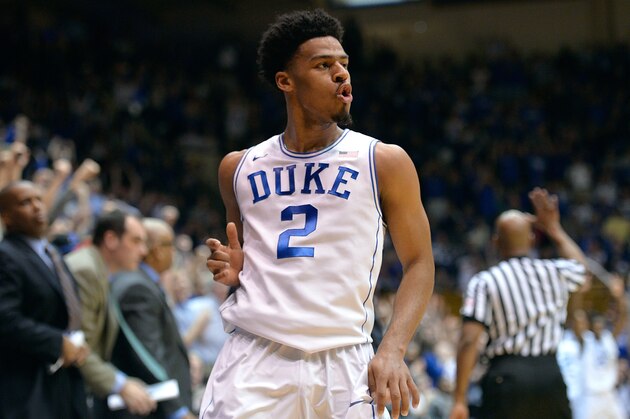 DURHAM, NC - FEBRUARY 07:  Quinn Cook #2 of the Duke Blue Devils reacts after making a three-point basket against the Notre Dame Fighting Irish during their game at Cameron Indoor Stadium on February 7, 2015 in Durham, North Carolina.  (Photo by Grant Halverson/Getty Images)