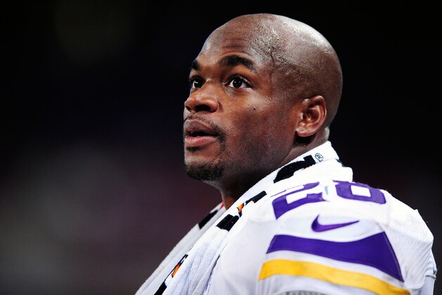 Sep 7, 2014; St. Louis, MO, USA; Minnesota Vikings running back Adrian Peterson (28) looks on during the second half against the St. Louis Rams at the Edward Jones Dome. The Vikings defeated the Rams 34-6. Mandatory Credit: Jeff Curry-USA TODAY Sports