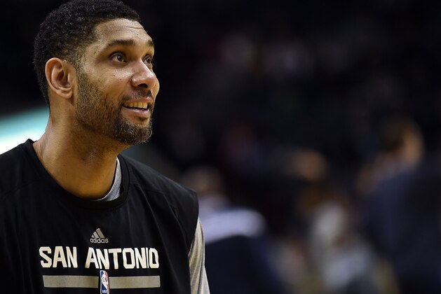 MEMPHIS, TN - DECEMBER 30:  Tim Duncan #21 of the San Antonio Spurs participates in warmups prior to a game against the Memphis Grizzlies at the FedExForum on December 30, 2014 in Memphis, Tennessee.  NOTE TO USER: User expressly acknowledges and agrees that, by downloading and or using this photograph, User is consenting to the terms and conditions of the Getty Images License Agreement.  (Photo by Stacy Revere/Getty Images)