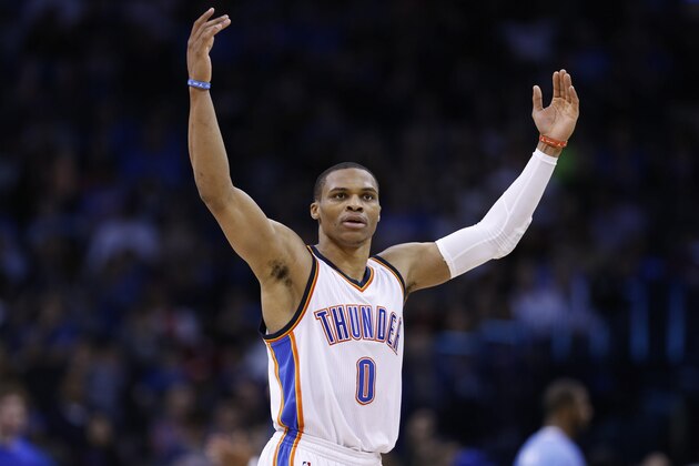 OKLAHOMA CITY, OK - FEBRUARY 8: Russell Westbrook #0 of the Oklahoma City Thunder celebrates during the game against the Los Angeles Clippers at Chesapeake Energy Arena on February 8, 2015 in Oklahoma City, Oklahoma. The Thunder defeated the Clippers 131-108. NOTE TO USER: User expressly acknowledges and agrees that, by downloading and/or using this Photograph, user is consenting to the terms and conditions of the Getty Images License Agreement. (Photo by Joe Robbins/Getty Images)
