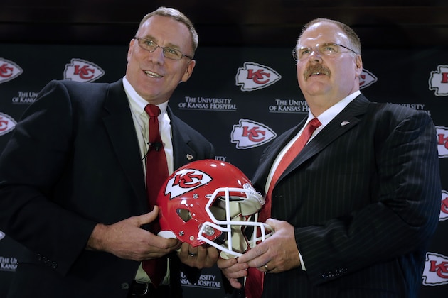 New Kansas City Chiefs general manager John Dorsey, left, poses with new head coach Andy Reid during an NFL football news conference announcing Dorsey's hiring Monday, Jan. 14, 2013, in Kansas City, Mo. (AP Photo/Charlie Riedel)