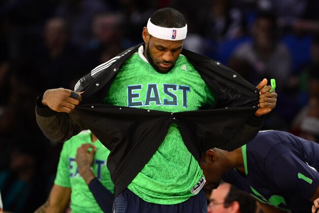 Feb 16, 2014; New Orleans, LA, USA; Eastern Conference forward LeBron James (6) of the Miami Heat comes into the game during the 2014 NBA All-Star Game at the Smoothie King Center. Mandatory Credit: Bob Donnan-USA TODAY Sports