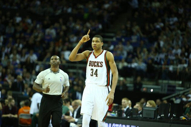 LONDON, ENGLAND - JANUARY 15: Giannis Antetokounmpo #34 of the Milwaukee Bucks points up in the game against the New York Knicks as part of the 2015 Global Games on January 15, 2015 at The O2 Arena in London, England. NOTE TO USER: User expressly acknowledges and agrees that, by downloading and/or using this Photograph, user is consenting to the terms and conditions of the Getty Images License Agreement. Mandatory Copyright Notice: Copyright 2015 NBAE (Photo by Nathaniel S. Butler/NBAE via Getty Images)