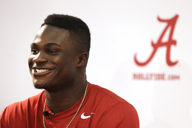 Alabama freshman safety Ronnie Harrison speaks to the media during an NCAA college football national signing day press conference, Wednesday, Feb. 4, 2015, in Tuscaloosa, Ala. (AP Photo/Brynn Anderson)