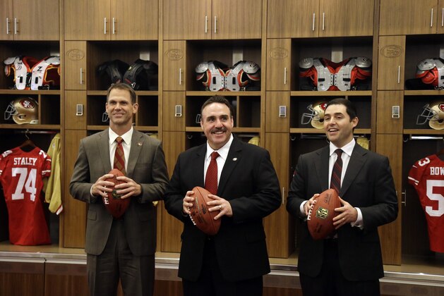 San Francisco 49ers head coach Jim Tomsula, center, with general manager Trent Baalke, left, and owner Jed York during an NFL football press conference Thursday, Jan. 15, 2015, in Santa Clara, Calif. (AP Photo/Marcio Jose Sanchez)
