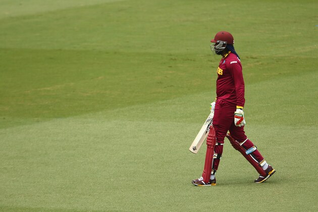 SYDNEY, AUSTRALIA - FEBRUARY 09:  Chris Gayle of West Indies leaves the field after being dismissed first ball during the ICC Cricket World Cup warm up match between England and the West Indies at Sydney Cricket Ground on February 9, 2015 in Sydney, Australia.  (Photo by Mark Kolbe/Getty Images)